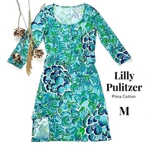 New Lilly Pulitzer 100% Pima Cotton Blue Green White Floral Dress Sz M